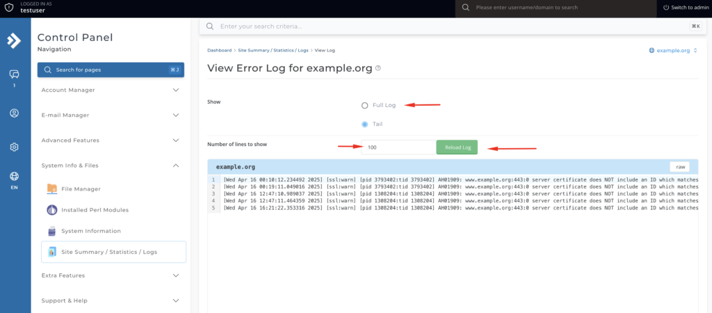 directadmin error log data
