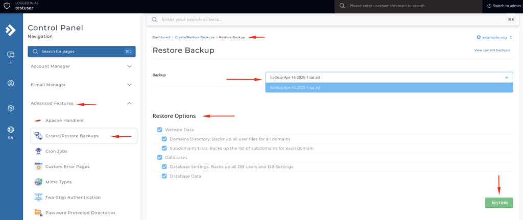 directadmin restore backup