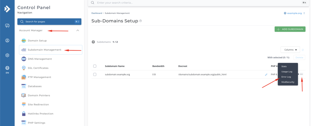 directadmin subdomain error_log