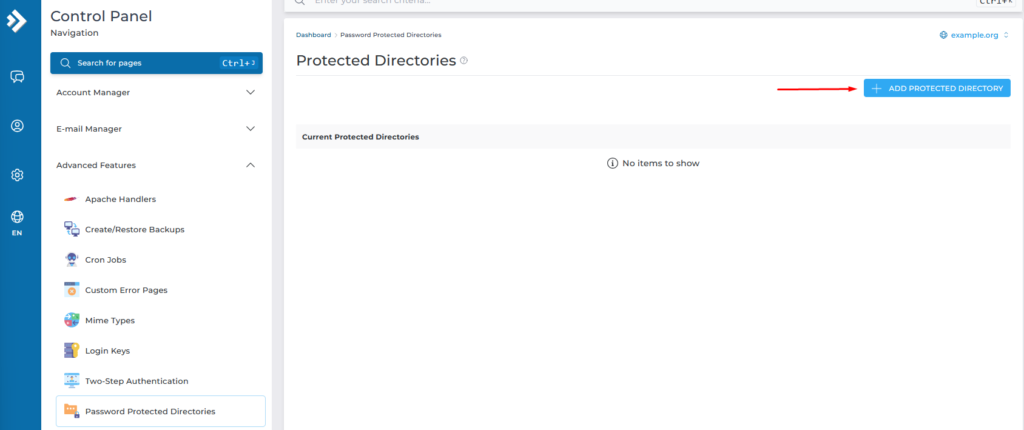 press add protected directory button