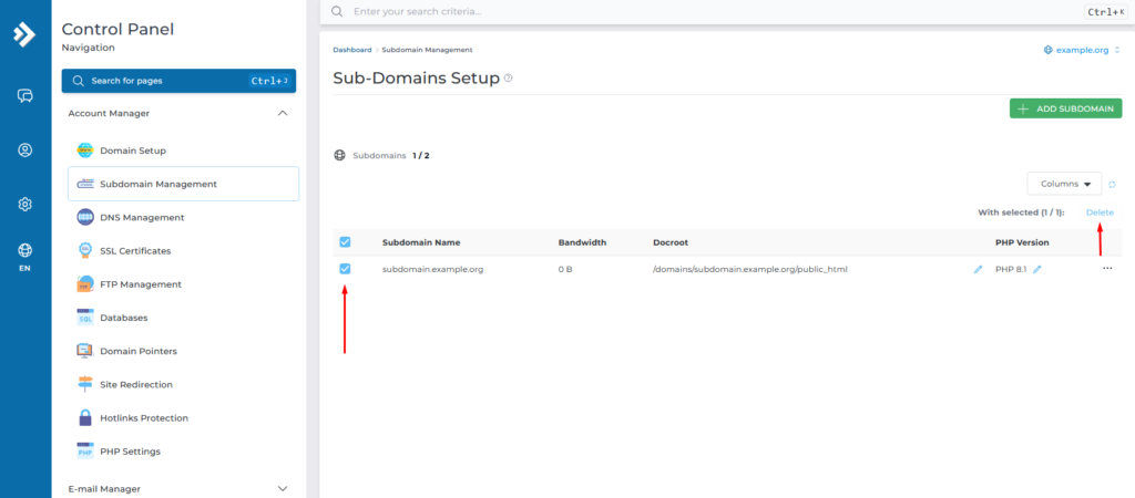 check and delete subdomain