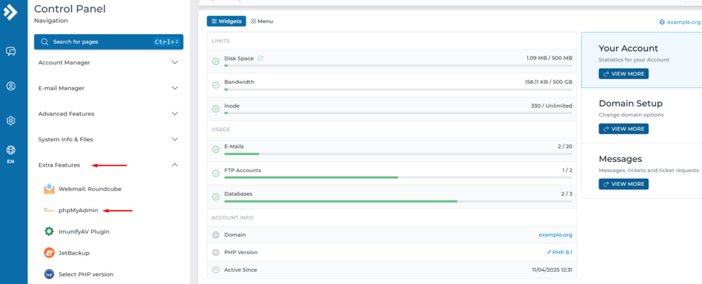 select phpMyAdmin from directadmin panel