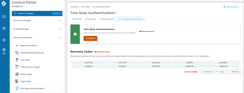 download recovery codes