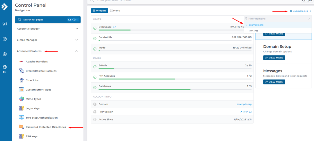select password pretected directories