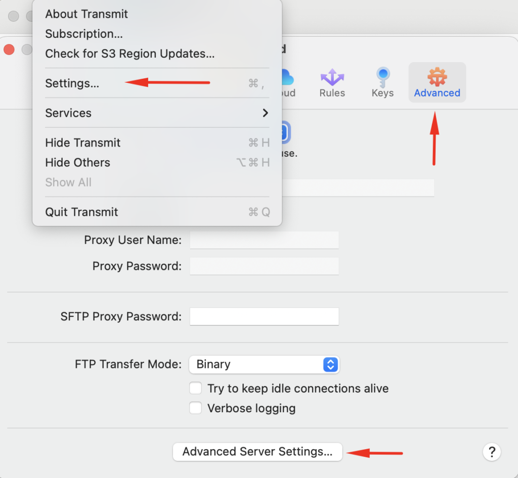 transmit advanced server settings