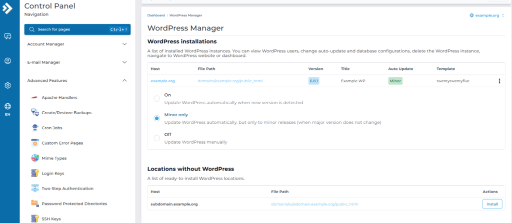 directadmin wordpress manager with one installation