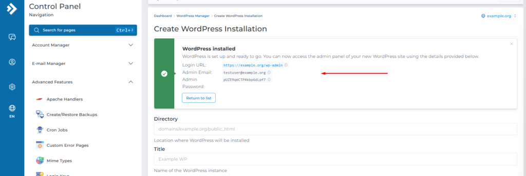 wordpress installation completed
