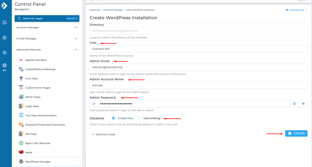 wordpress installation parameters