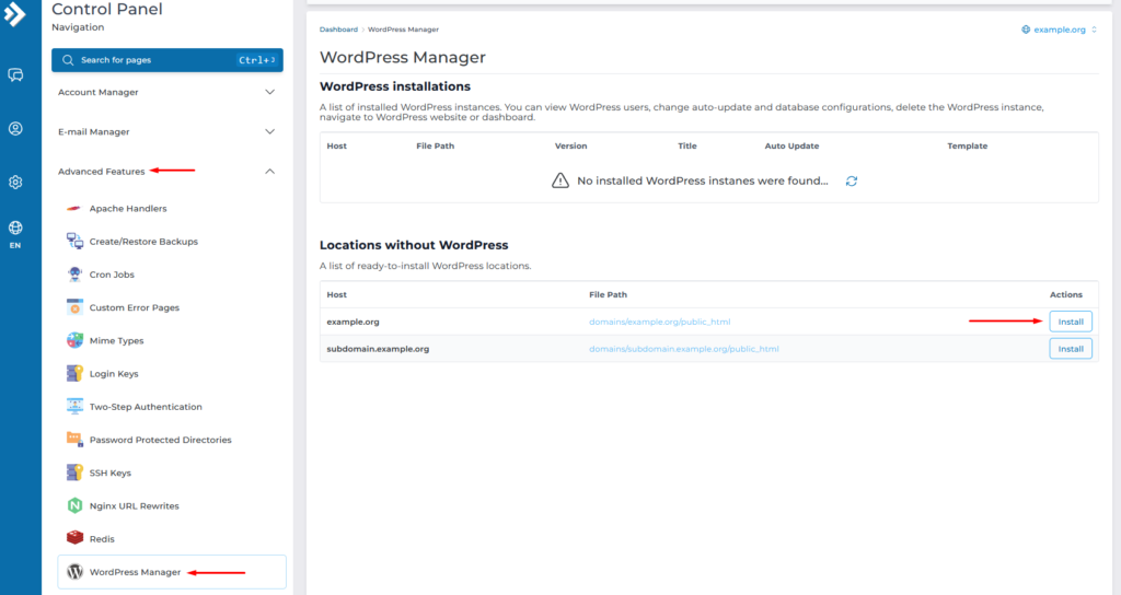 directadmin wordpress manager