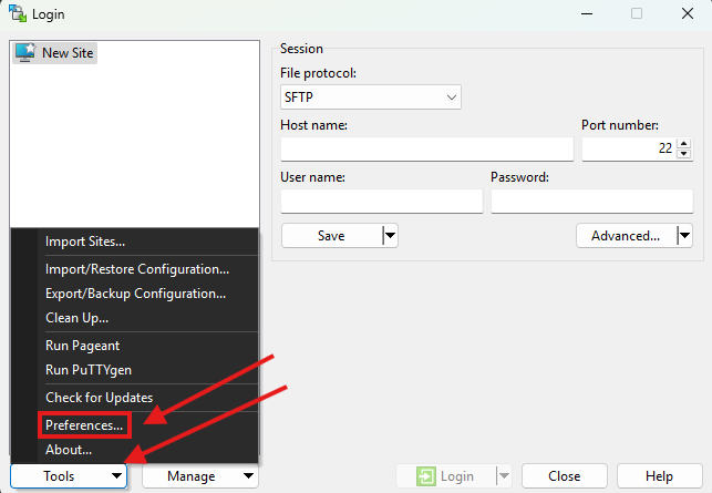 winscp select preferences