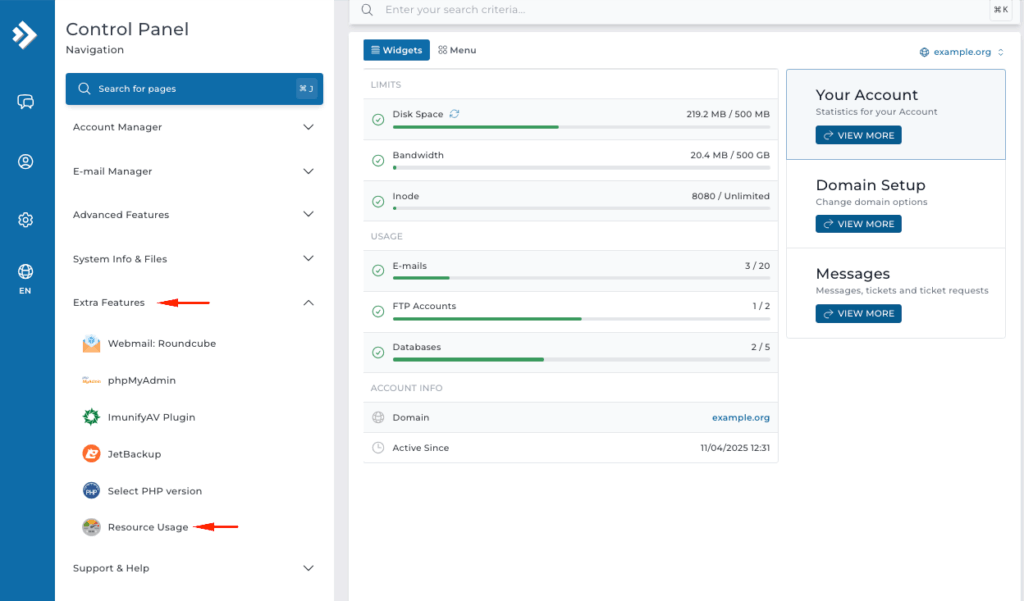 select resource usage directadmin